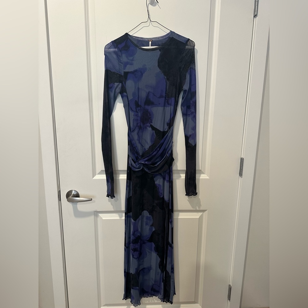 Free People Navy and Black Floral Long Sleeve Twist-Waist Maxi Dress